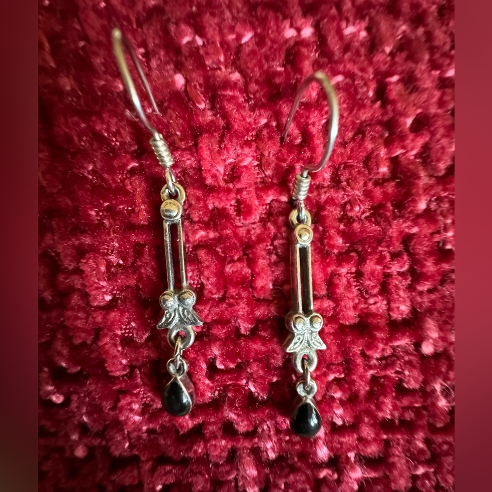 Silver and black stone earrings